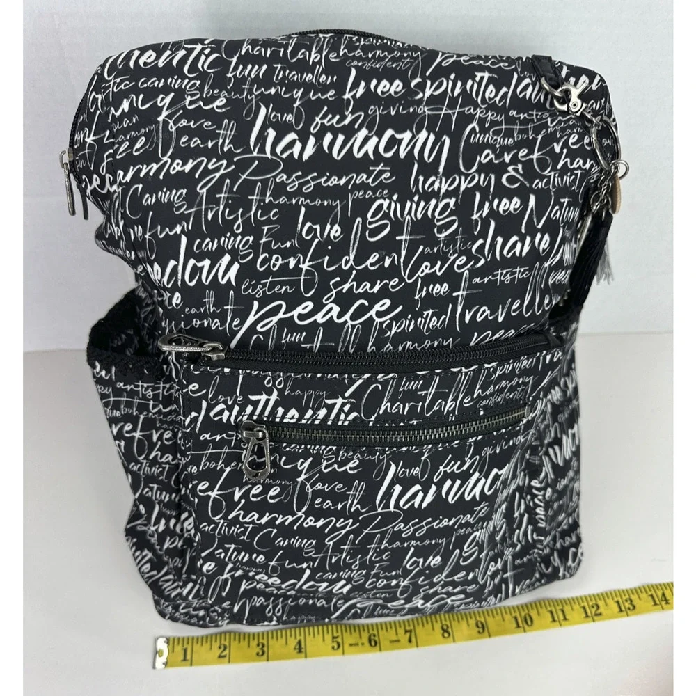 Sakroots Black Backpack White Script Print Convertible Travel Boho Bag Keychain - Picture 9 of 16